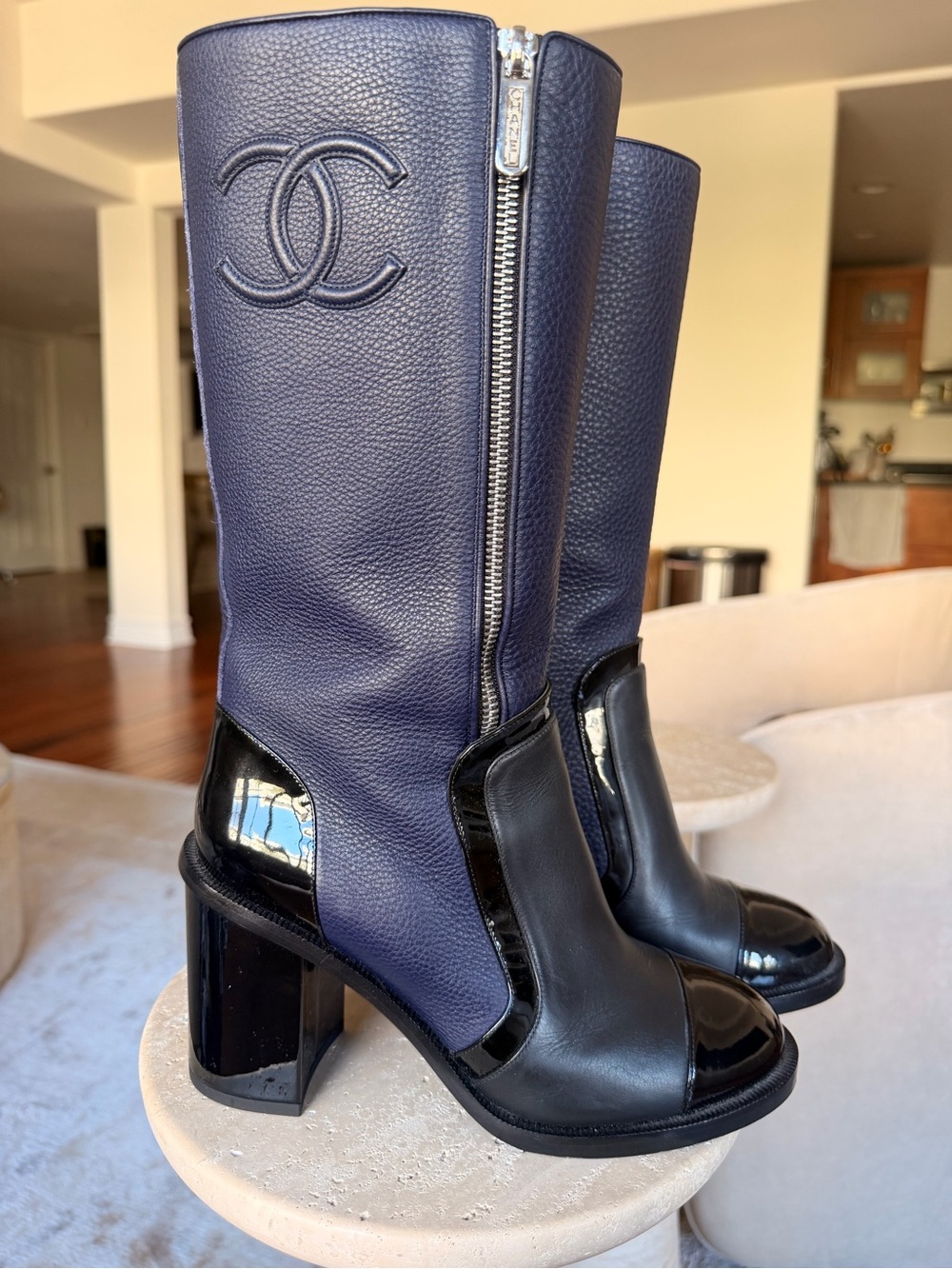 CHANEL Navy and Black Leather Mid-Calf Block Heel Boots